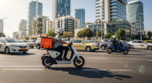 שליח על קטנוע חשמלי מתמרן במהירות ברחוב אלנבי הסואן בתל אביב
